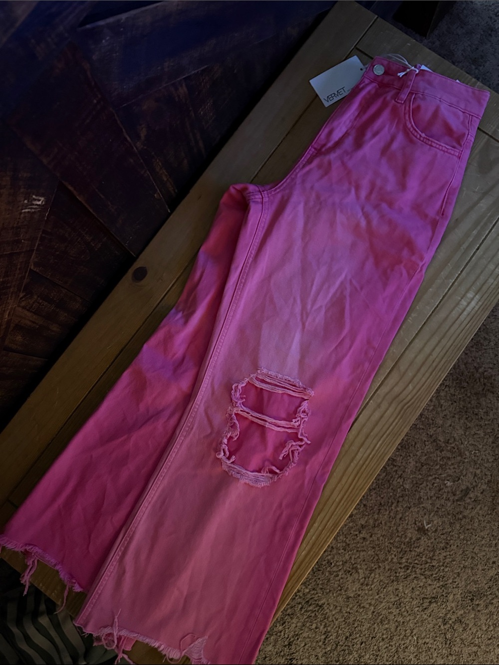 Pink Cropped Distressed Denim
